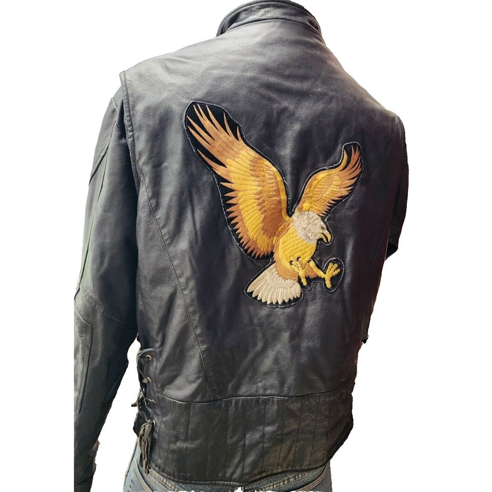 Wilsons Leather Black Vintage Motorcycle Jacket w/ Embroidered Back Eagle XL